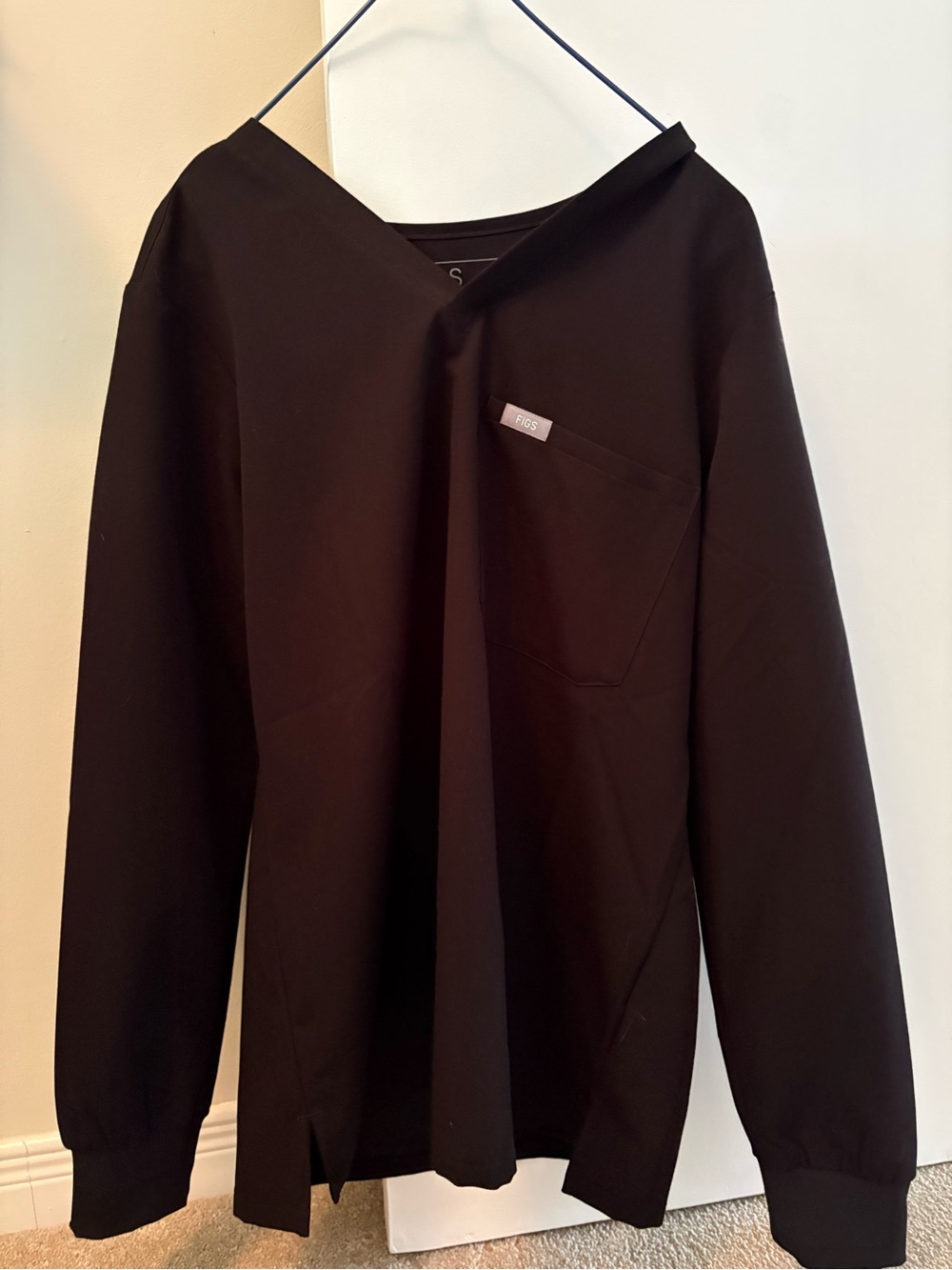 Black V-Neck Long Sleeve Top with Chest Pocket FIGS